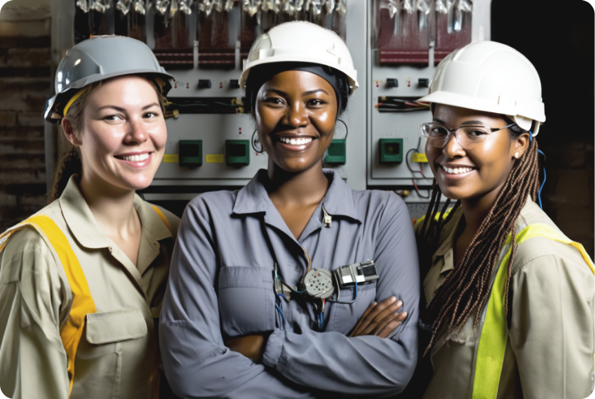 Happy smiling diverse women workers in hardhats