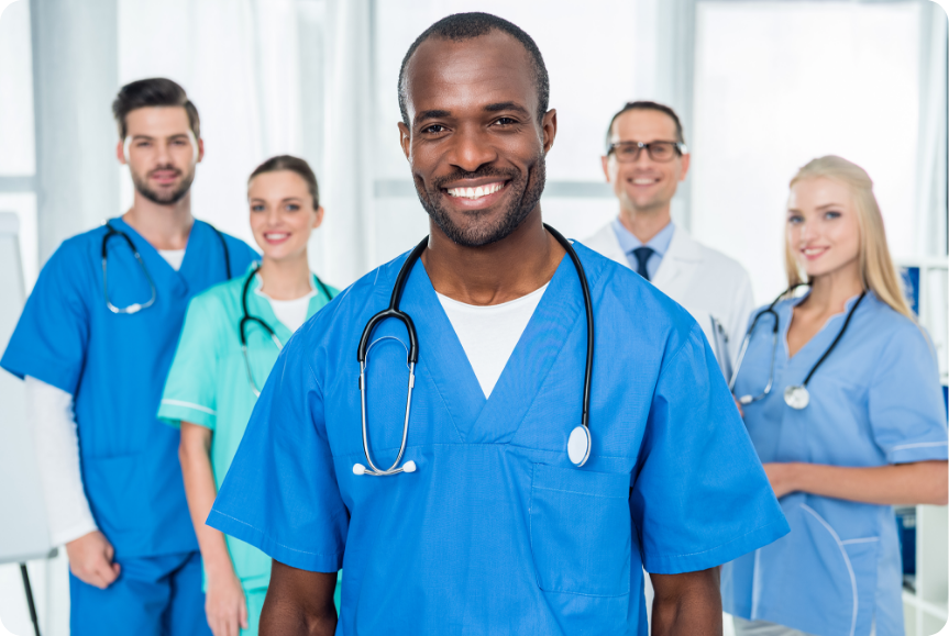 Happy smiling diverse medical team